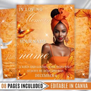 08 Pages Orange Butterfly Funeral Program Template
